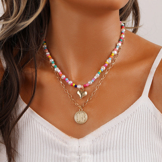 Collar bohemio de doble capa con monedas de amor para mujer