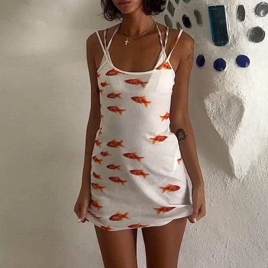 Women Sleeveless Goldfish Print Tight Dress Polyester Stylish