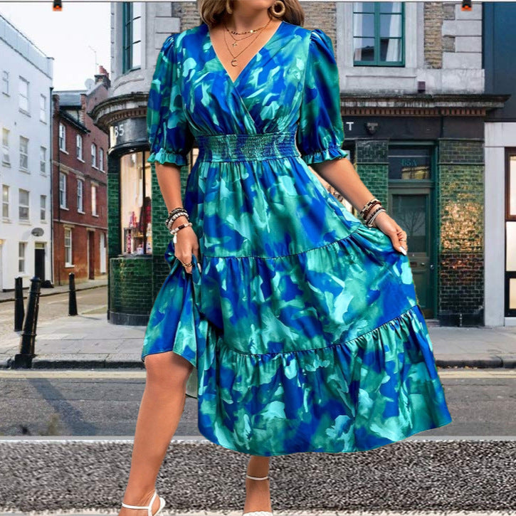 Elegant Plus Size Floral Print V-Neck Dress