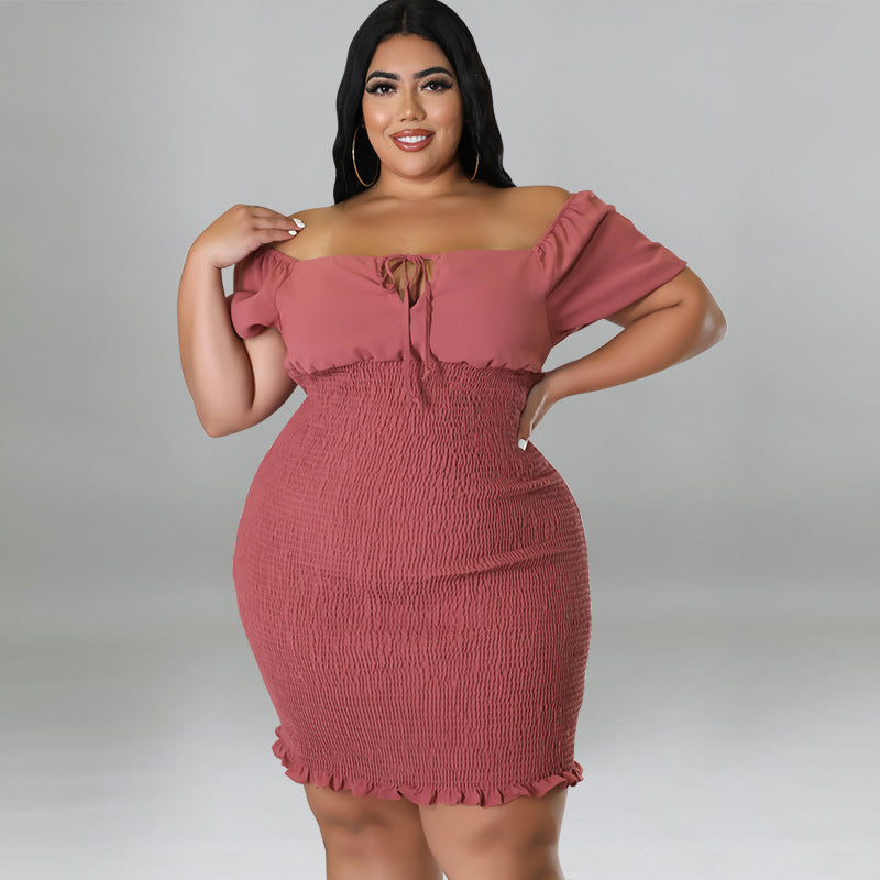 Women Solid Color Off Shoulder Short-Sleeve Dress
