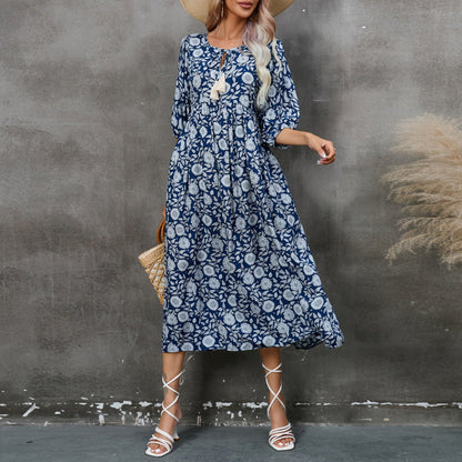 Vestido informal de primavera y verano para mujer, con cintura alta, estampado floral y escote en V