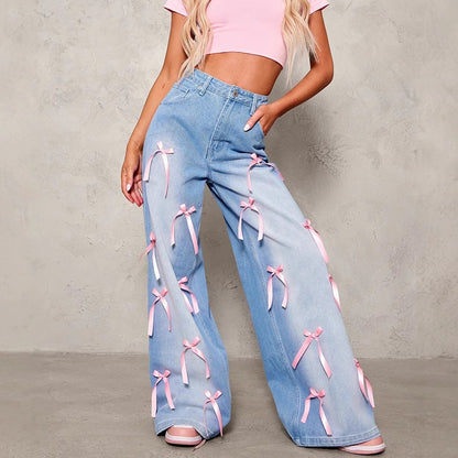 Vaqueros de pierna ancha con lazo suelto y creativo para mujer, estilo urbano de algodón y mezclilla