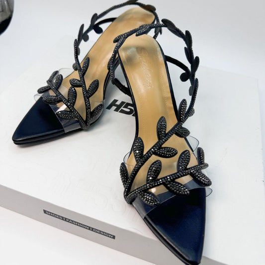 Tacones altos con punta puntiaguda y hojas de diamantes de imitación a la moda para mujer
