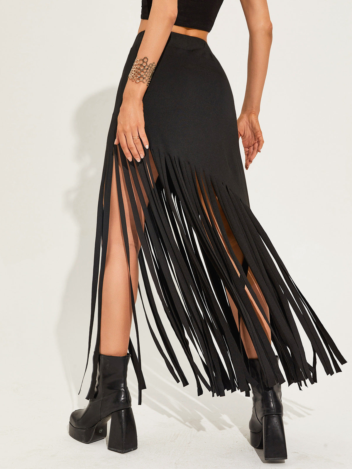 Women Fashion Sexy Solid Color Tassel Skirt