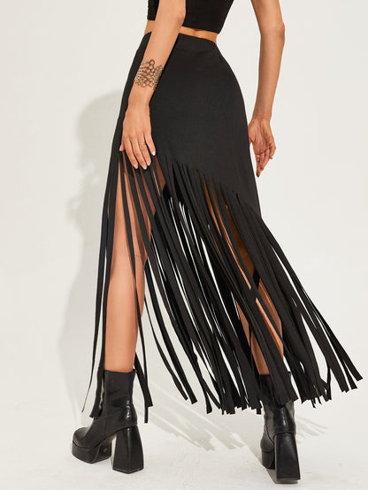 Women Fashion Sexy Solid Color Tassel Skirt