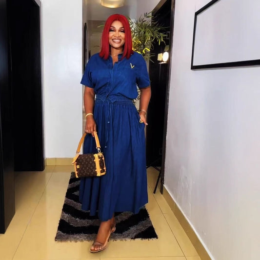 Women Casual Solid Denim Lapel Short Sleeve Two-Piece Set