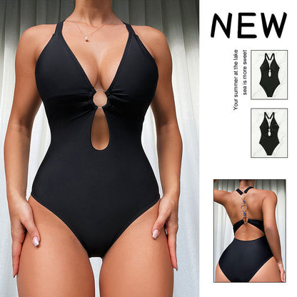 Traje de baño de una pieza con escote en V profundo y color sólido sexy a la moda para mujer