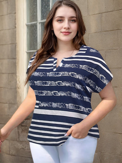 Camiseta informal con cuello en V y estampado de rayas para mujer, talla grande