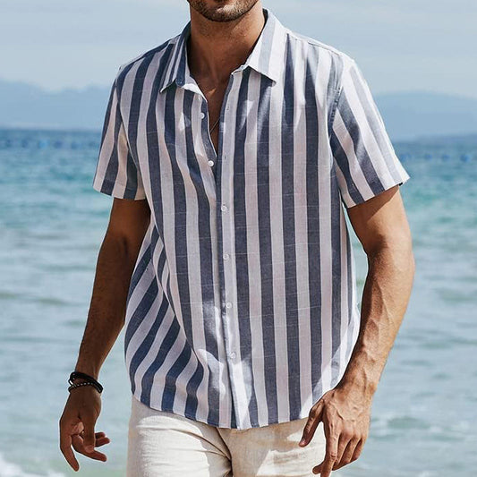Men'S Casual Stripe Lapel Short Sleeve Shirt