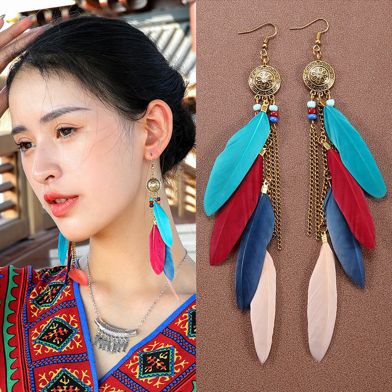 Boucles d'oreilles à pompons et plumes de style ethnique bohème rétro