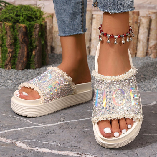Pantuflas de plataforma con diamantes de imitación y punta redonda