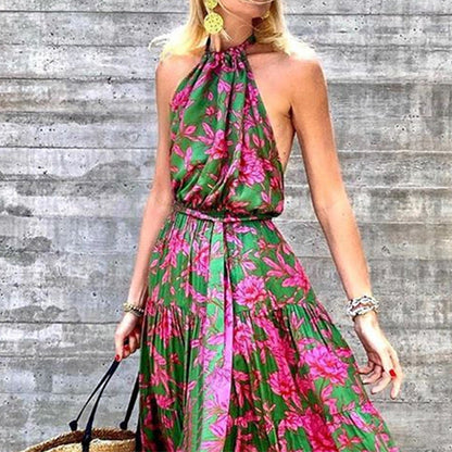Robe sexy style bohème pour femme, col licou, sans manches, taille définie