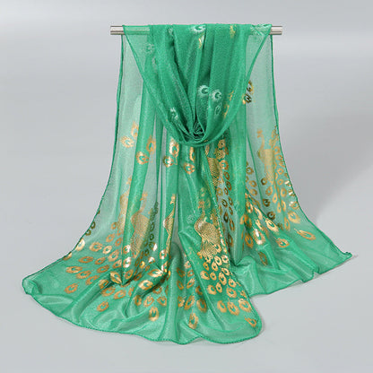 Elegante bufanda de gasa con estampado de pavo real y poliéster