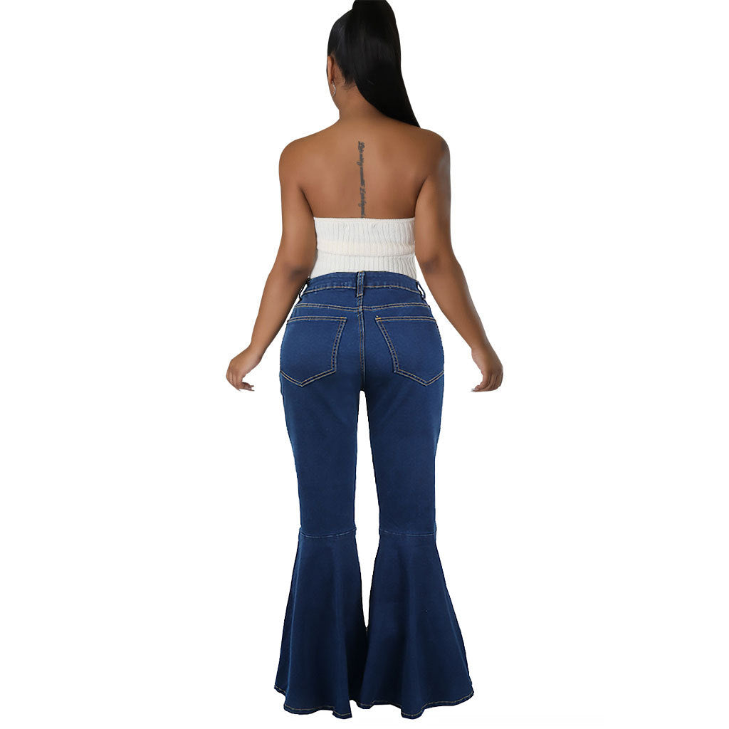 Women Fashion Stretch Flared Jeans in Blue Denim