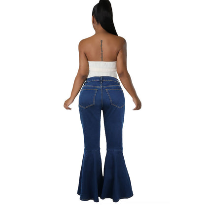 Women Fashion Stretch Flared Jeans in Blue Denim