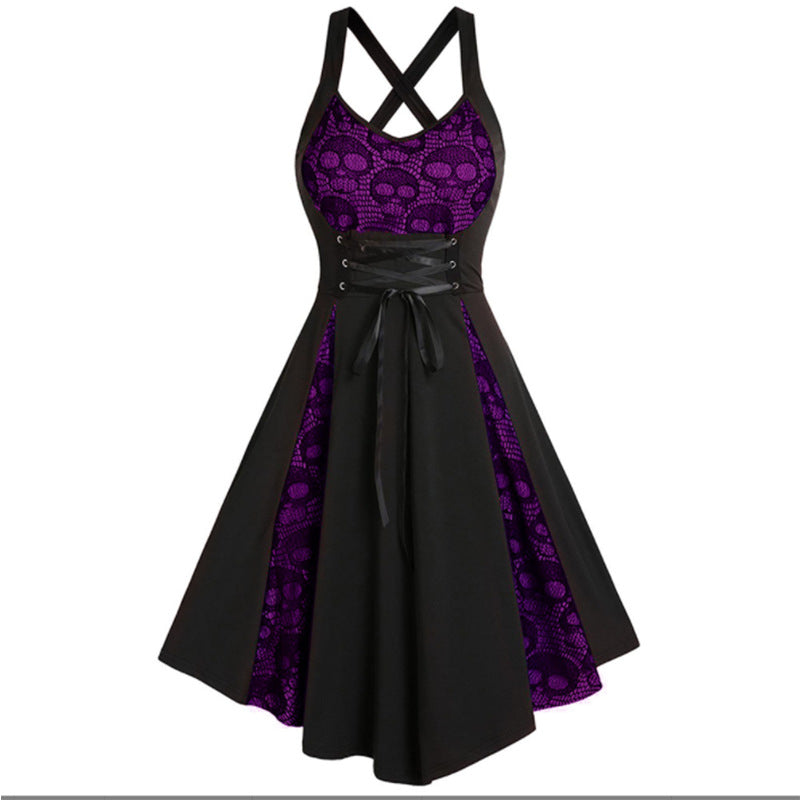 Robe gothique à coutures en dentelle et tête de mort pour femme