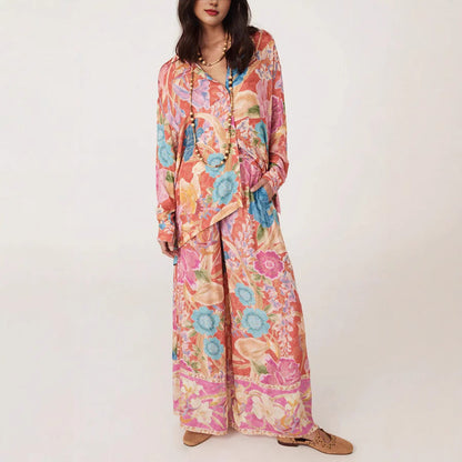Women Casual Vacation Floral Printed Blouse Pants Set