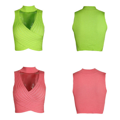 Top corto sexy de color sólido con cuello para mujer