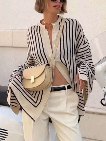 Women Fashion Stripe Print Long Sleeve Shirt