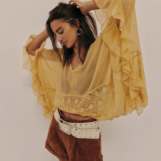 Women Fashion Sexy Mesh Lace Stitching Bat Sleeve Cover-Up