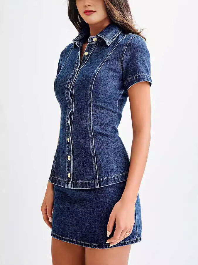 Women Fashion Lapel Short Sleeve Button Denim Top High Waist Skirt Two-Piece Set