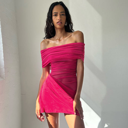 Women Fashion Off-Shoulder Pleated Short Dress