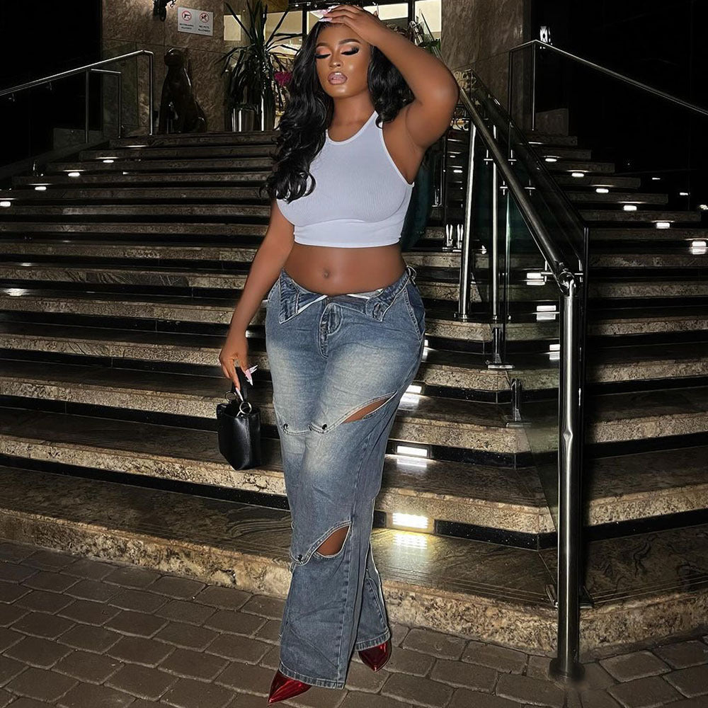 Women Street Fashion Cutout Jeans Light Blue High Waist