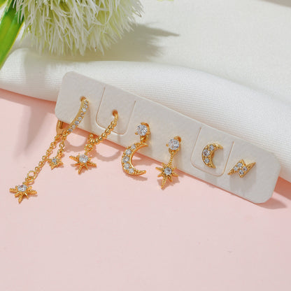 Women Fashion Zircon Star Moon Chain Tassel Earrings Set
