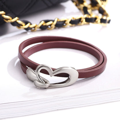 Women Fashion Solid Color Love Buckle Double Layer Alloy Bracelet