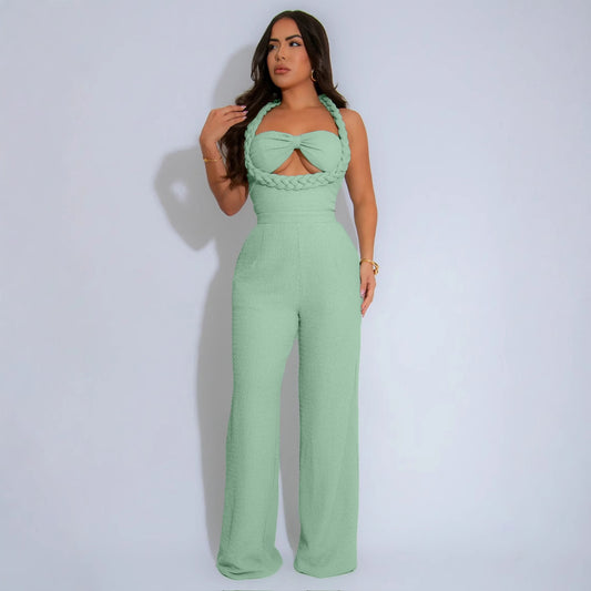 Women Fashion Sexy Solid Color Halter-Neck Jumpsuits