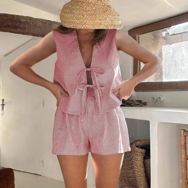 Ensemble débardeur décontracté à lacets et carreaux pour femme