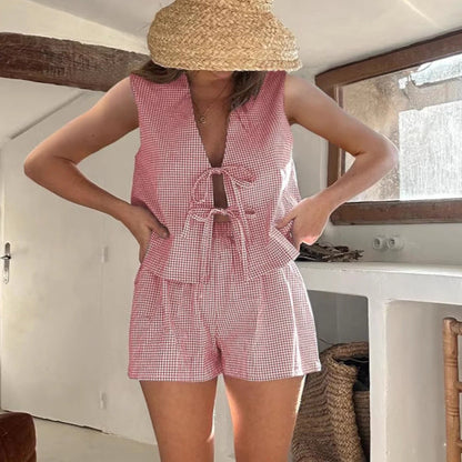 Ensemble débardeur décontracté à lacets et carreaux pour femme
