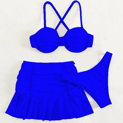 Conjunto de traje de baño plisado de color sólido de moda para mujer