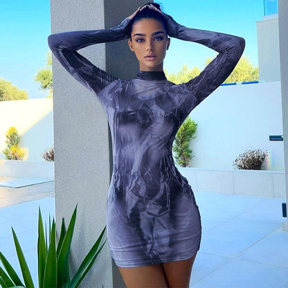 Women Fashion Sexy Printed Round Neck Long Sleeve Dress