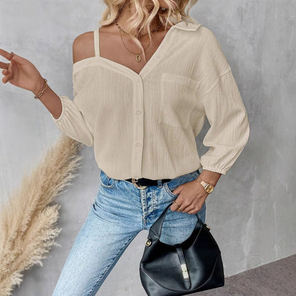 Women Fashion Sexy Solid Color Lapel Blouse