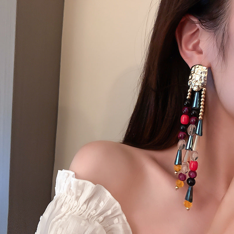 Pendientes bohemios con borlas de diamantes de imitación multicolor