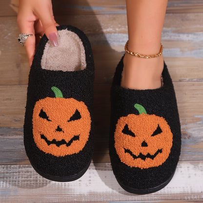 Pantuflas de felpa de calabaza con dibujos animados de Halloween para mujer