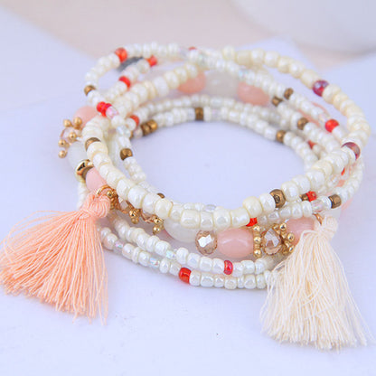 Conjunto de pulseras con borlas y mini cuentas multicolores bohemias
