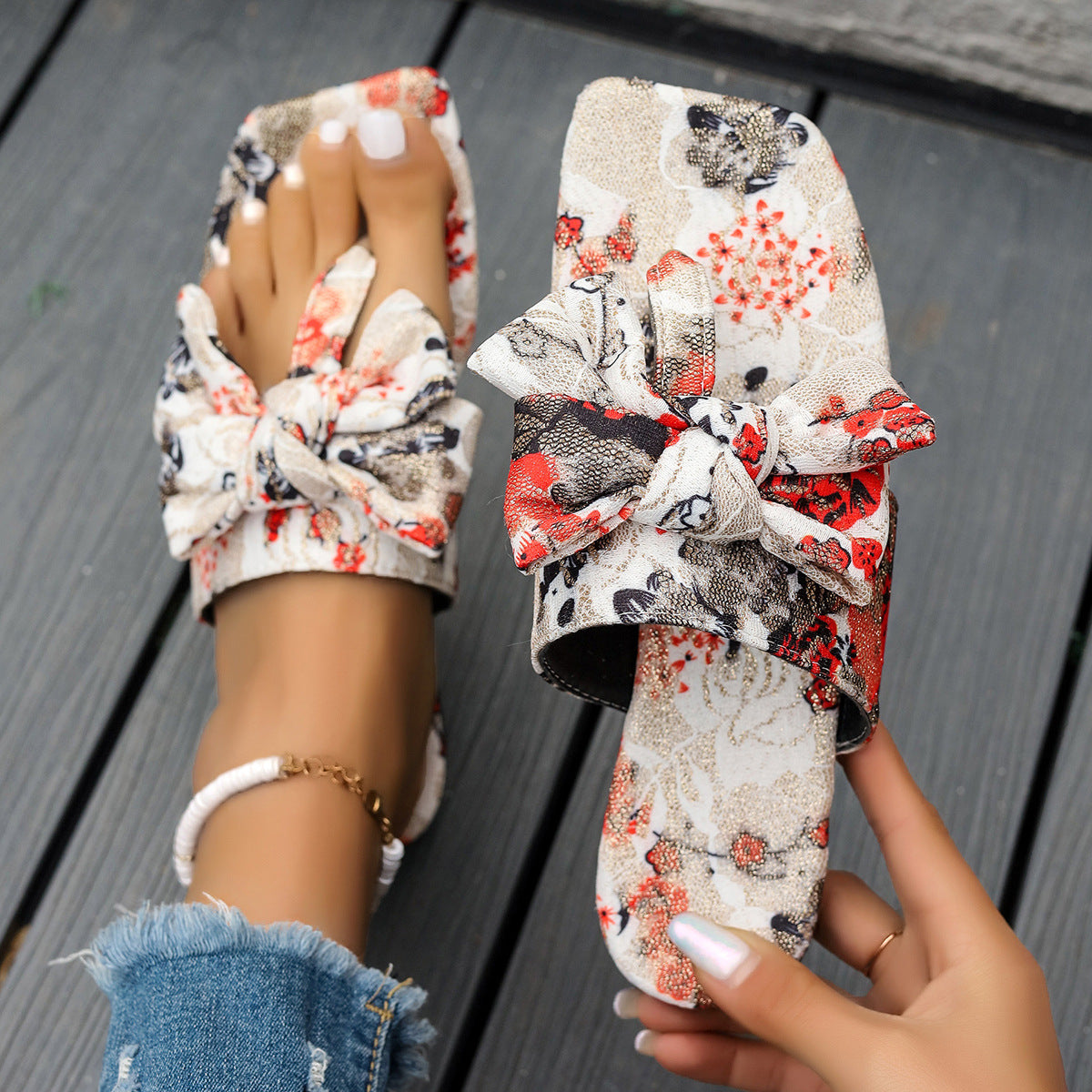 Pantuflas planas con lazo multicolor informales a la moda para mujer