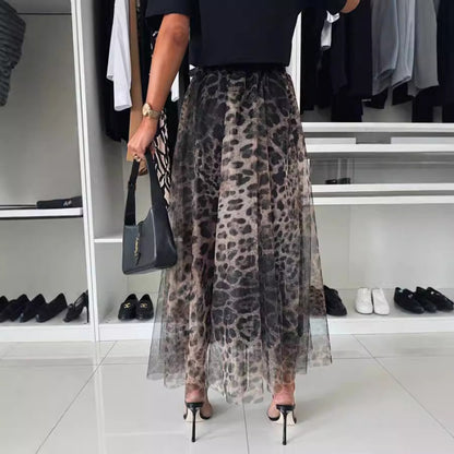 Falda de gasa con estampado de leopardo y malla de moda para mujer