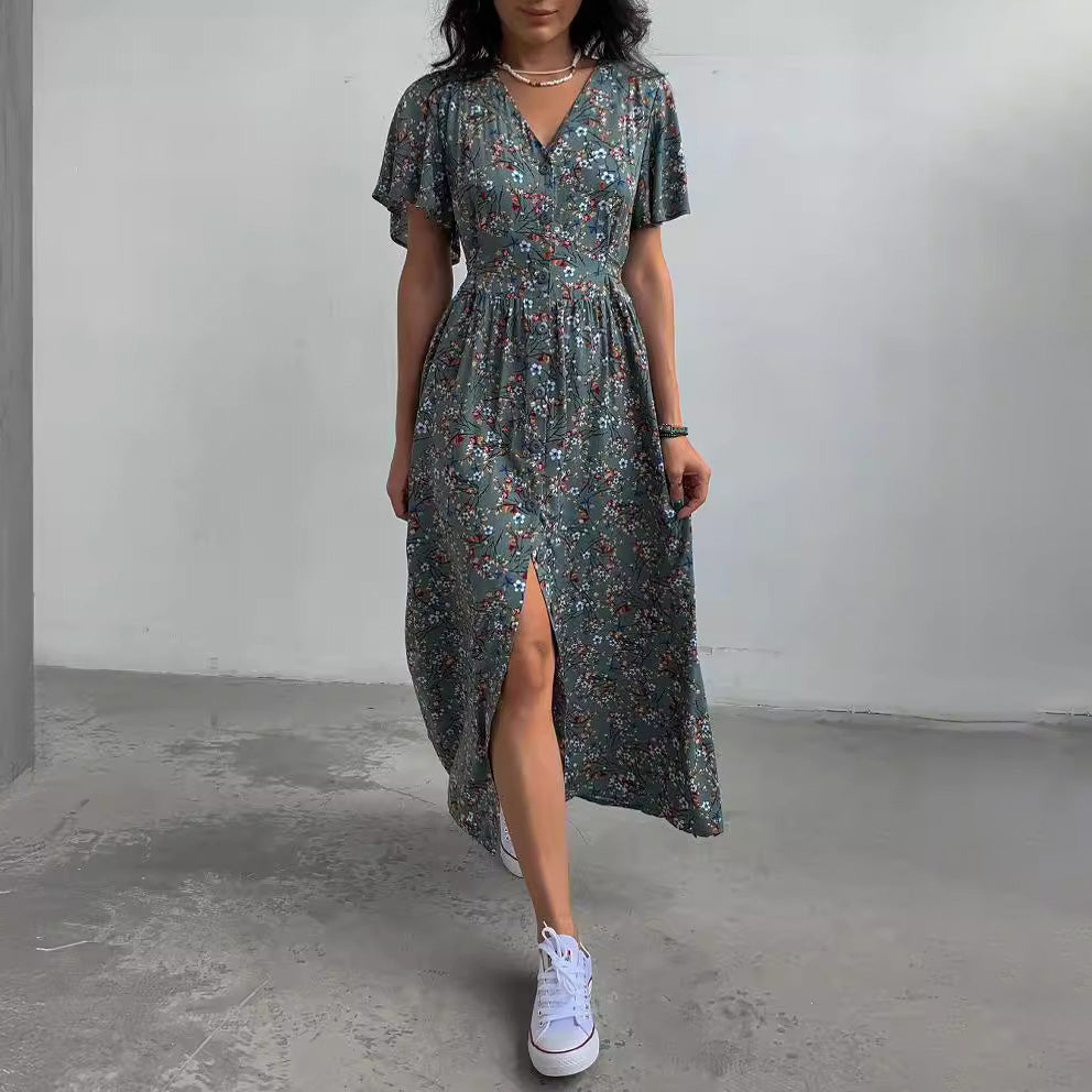 Vestido holgado informal con estampado floral, escote en V y manga corta para mujer