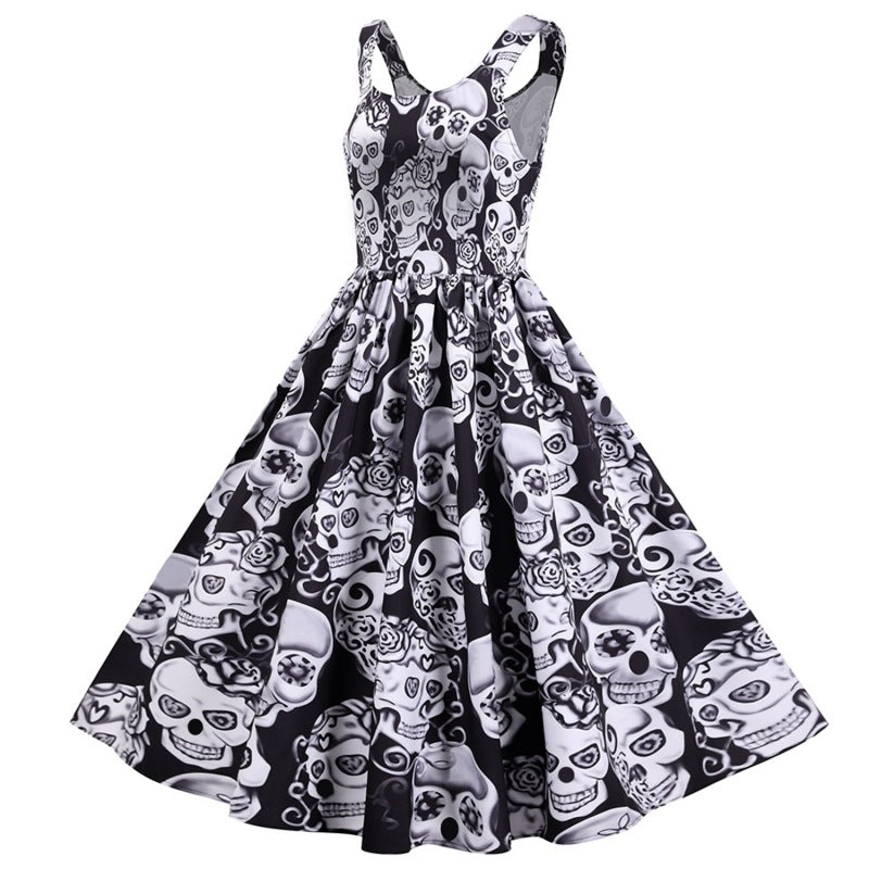 Women Casual Halloween Skull Print Sleeveless Dress