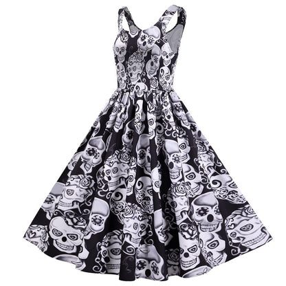 Women Casual Halloween Skull Print Sleeveless Dress