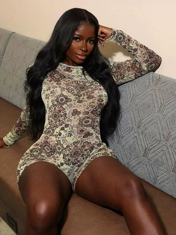 Combinaison dos nu à manches longues et imprimé sexy pour femme