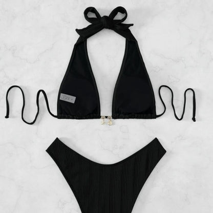 Bikini sexy de cuello halter de color sólido a la moda para mujer