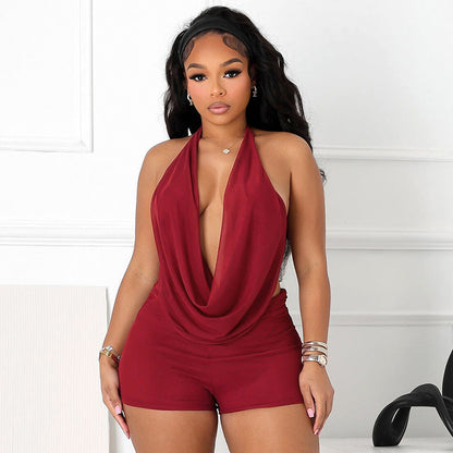 Women Fashion Halter Neck Backless Tank Top and Tight Shorts Two-Piece Set