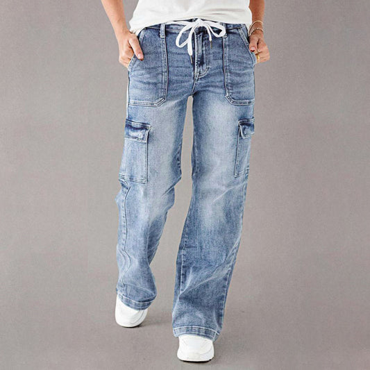 Women Fashion Casual Cargo Jeans with Pockets and Lace-Up Detail