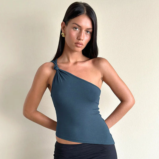 Women Fashion Sexy Solid Color Slanted Shoulder Tank Top