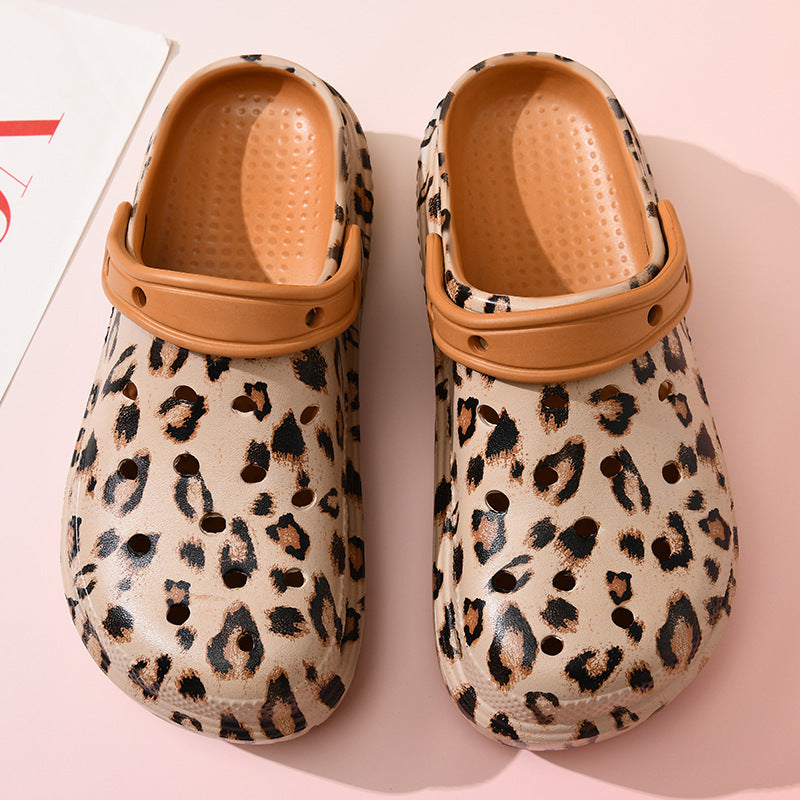 Pantuflas informales de leopardo para mujer, antideslizantes, con suela gruesa y agujeros