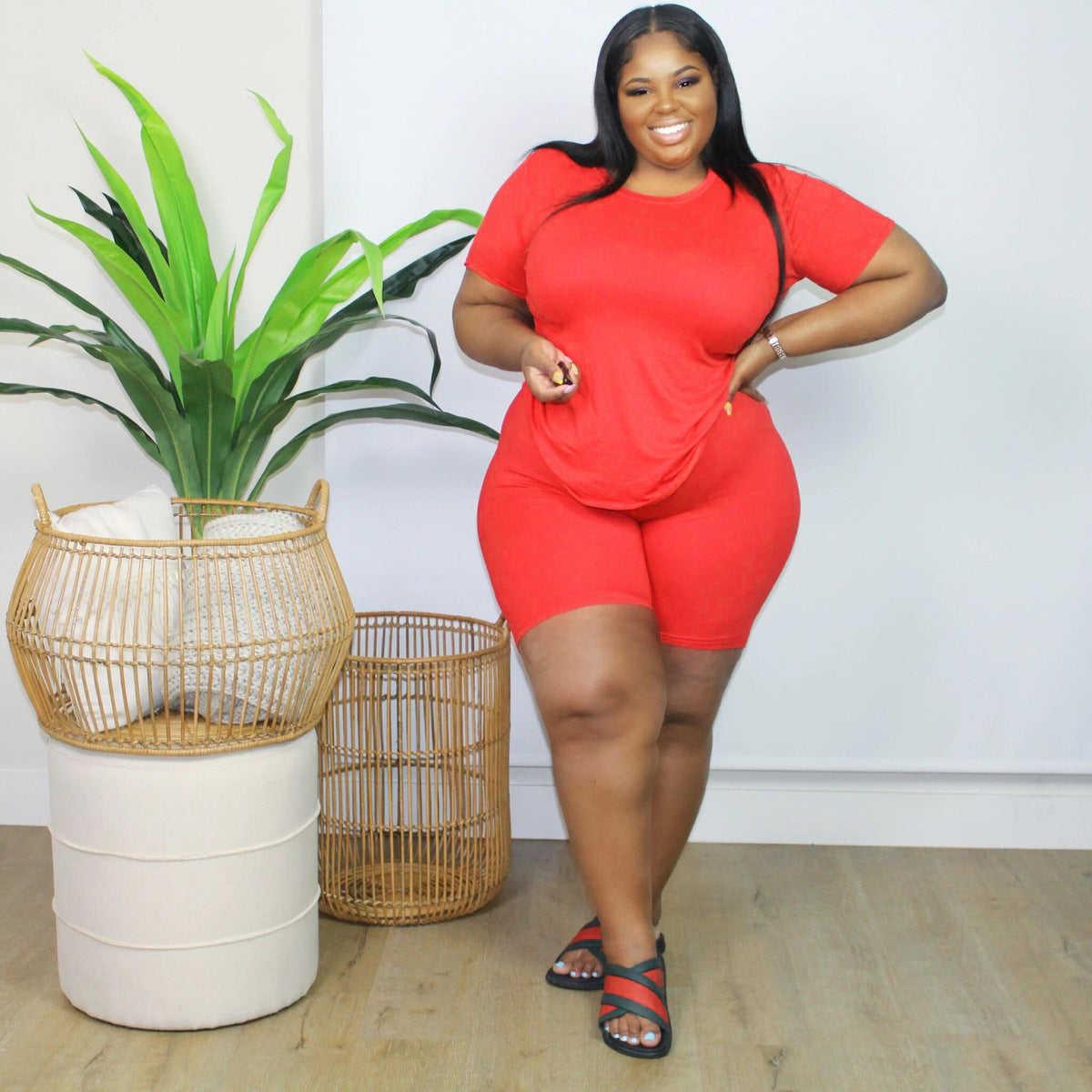 Women Casual Solid Color Two-Piece T-Shirt and Shorts Set
